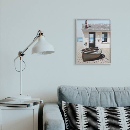 Stupell Industries Boat On Boardwalk Tranquil Coastal Boathouse Gray Framed Wall Art